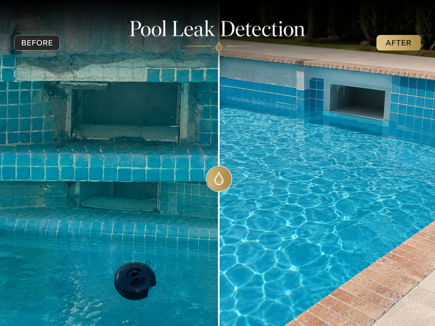 Before and after pool leak detection — cracked tiling around a skimmer repaired and the pool returned to clear water