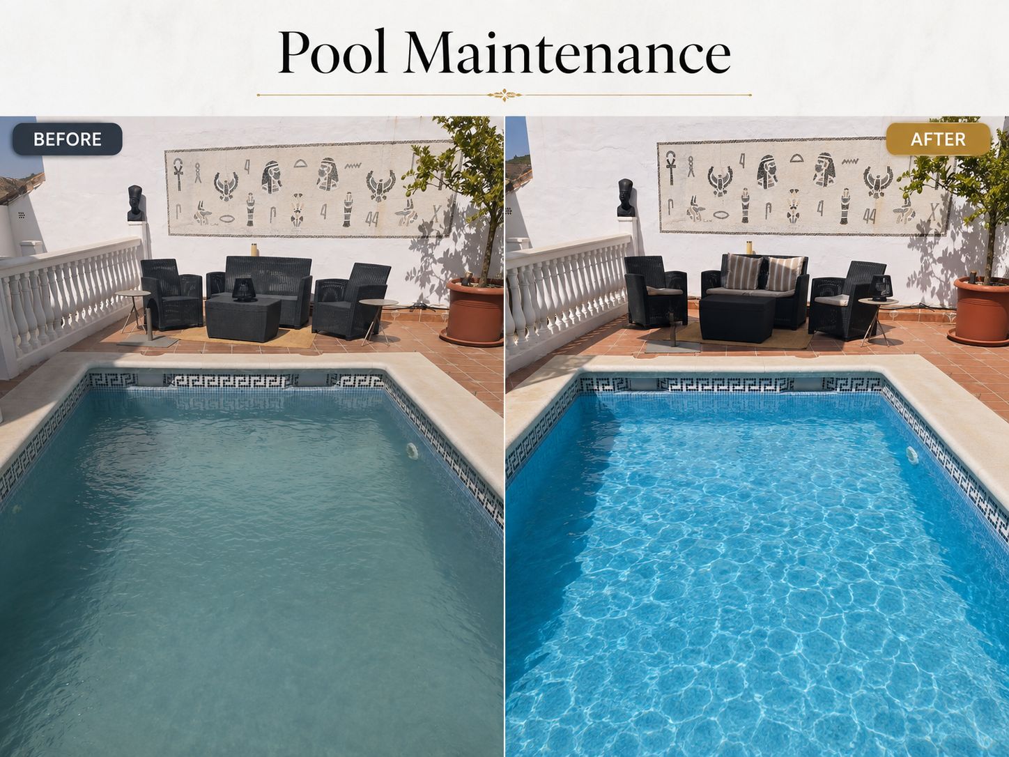 Before and after pool maintenance at a tiled patio pool on the Costa del Sol — cloudy water restored to clear water