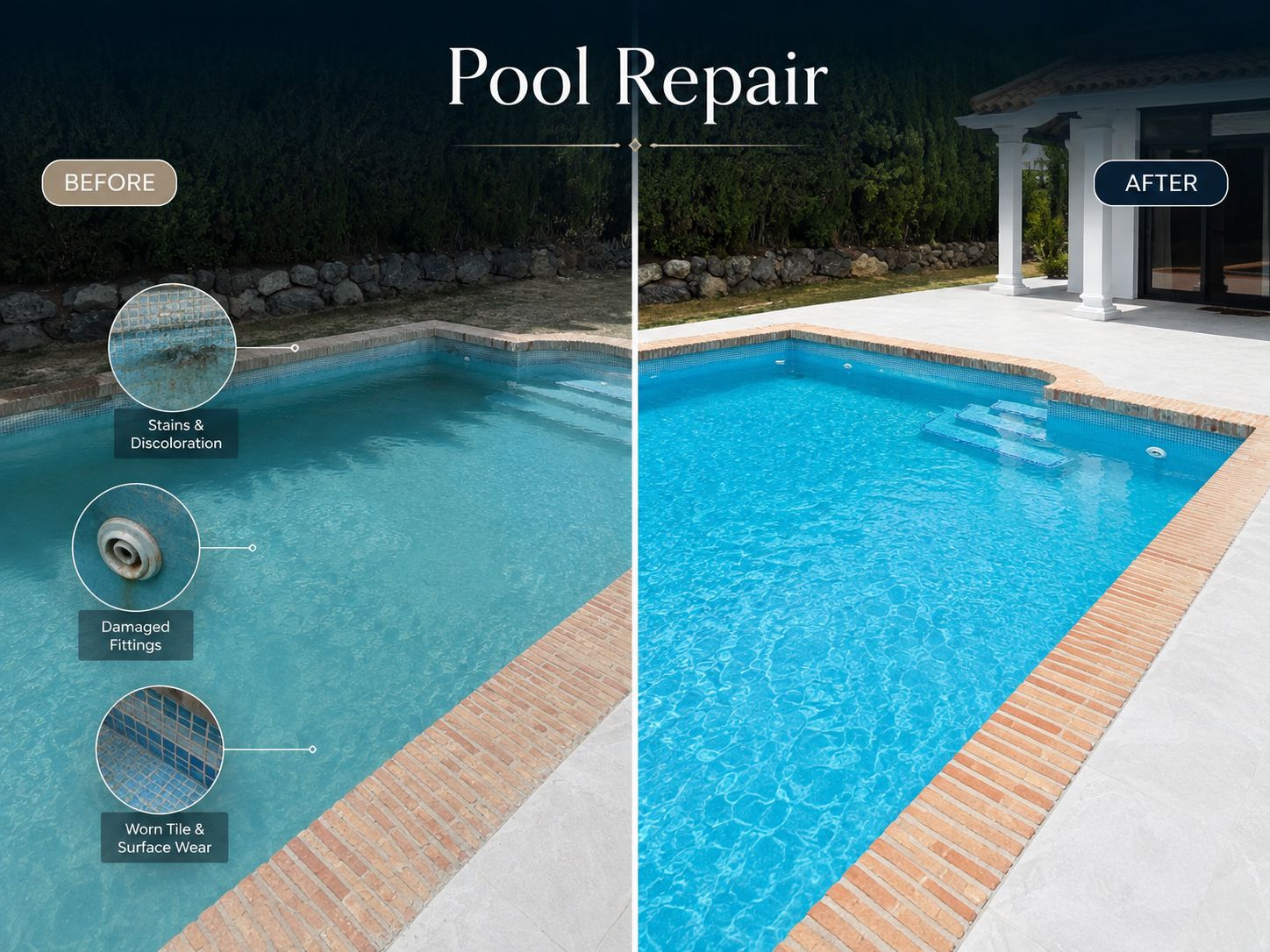 Before and after pool repair — stained surfaces, damaged fittings and worn tiling replaced with clean tiling and clear water