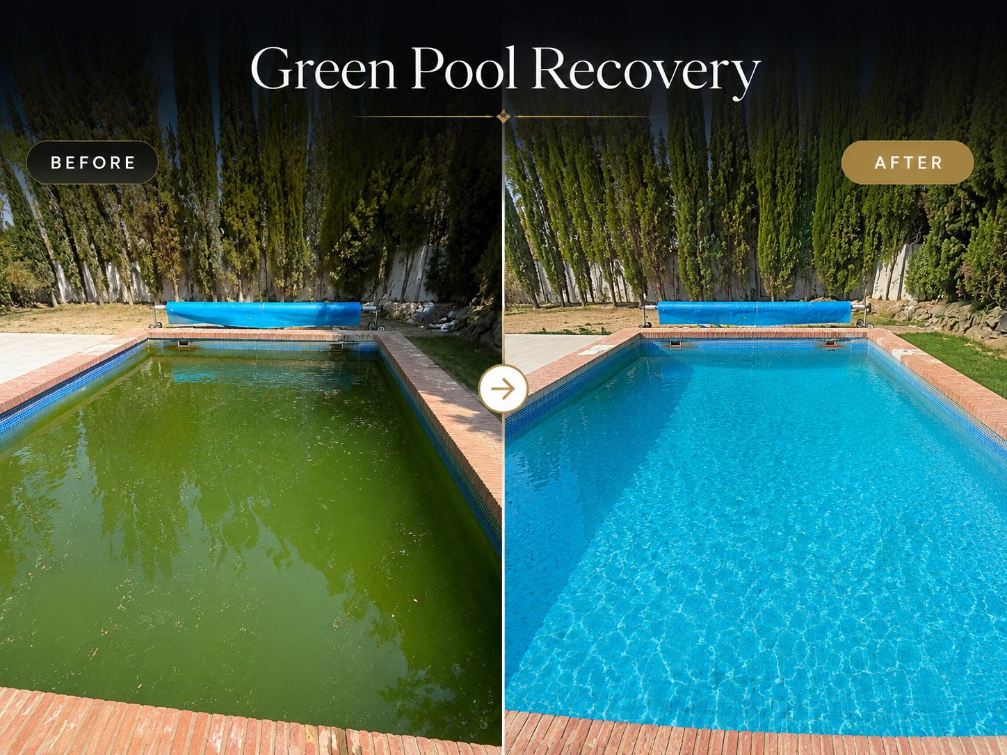Before and after green pool recovery on the Costa del Sol — dark green algae water treated back to bright blue