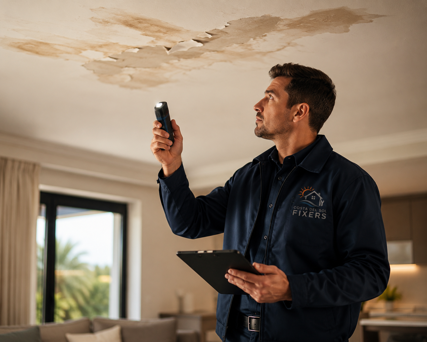 Costa del Sol Fixers technician inspecting water damage on a villa ceiling