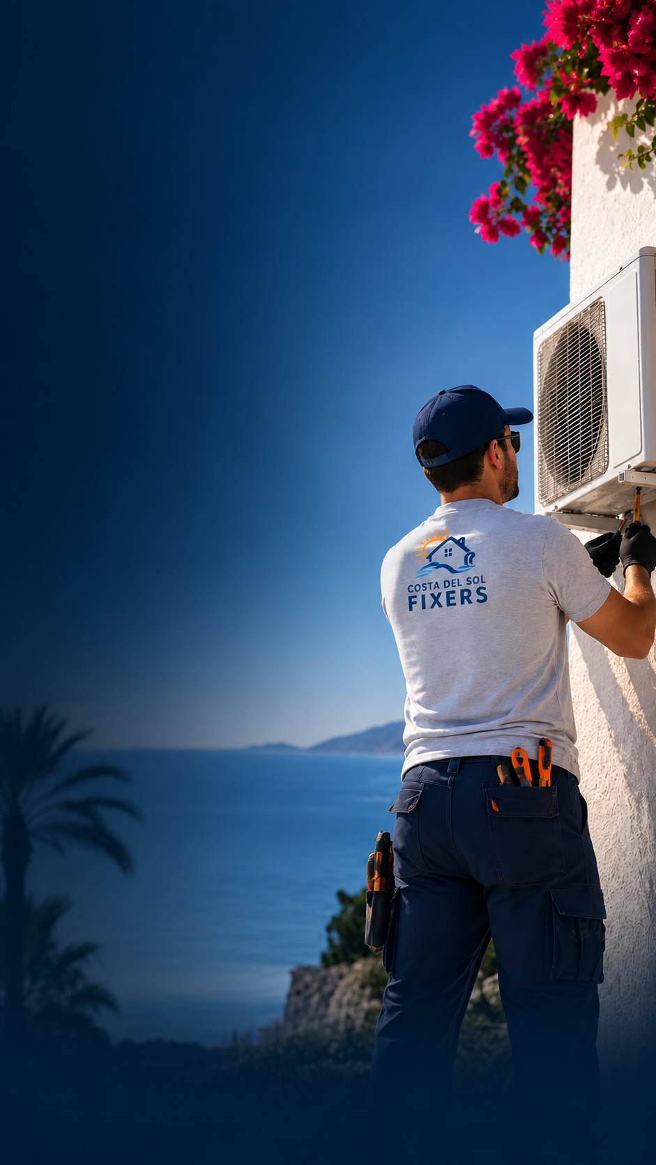 AC technician servicing an air conditioning unit on the Costa del Sol