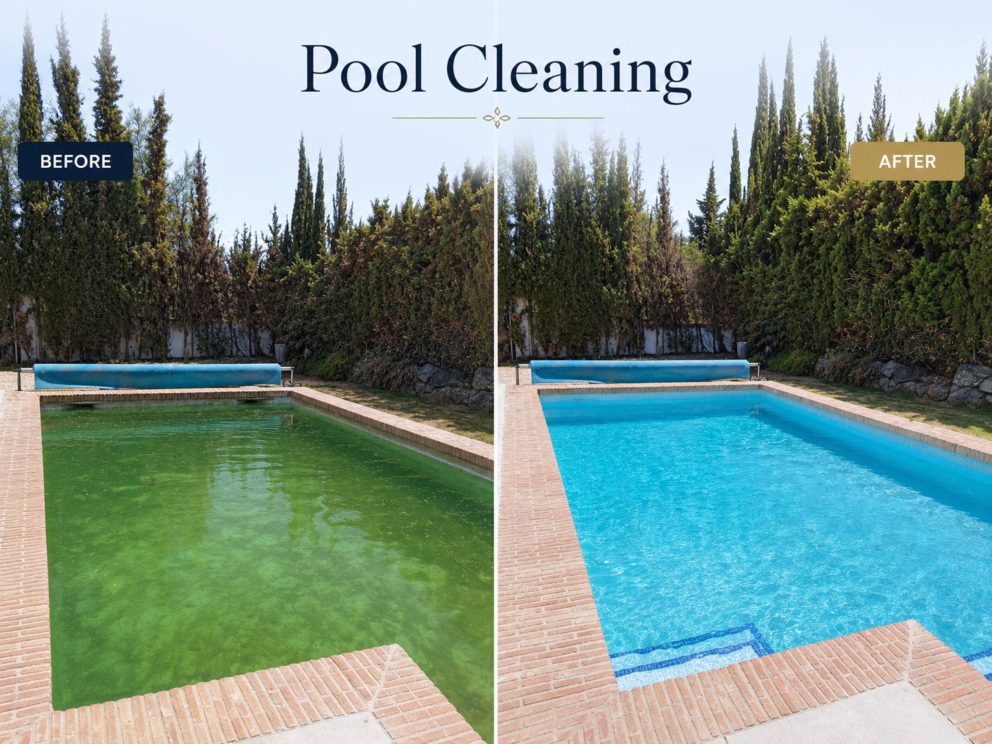 Before and after pool cleaning on the Costa del Sol — green algae-filled water restored to clear blue water
