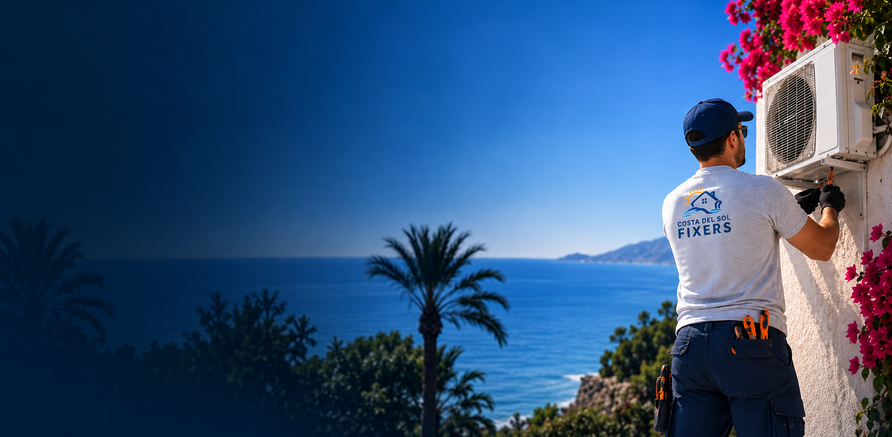 AC technician servicing an air conditioning unit overlooking the Costa del Sol