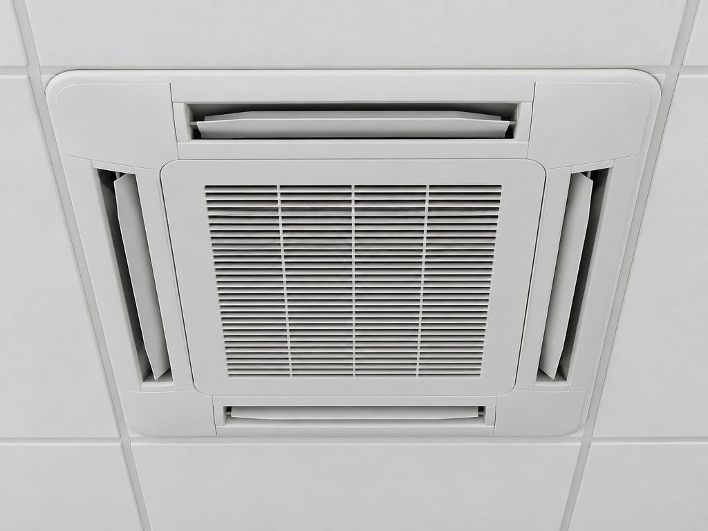 Ceiling cassette air conditioner in a bright commercial interior