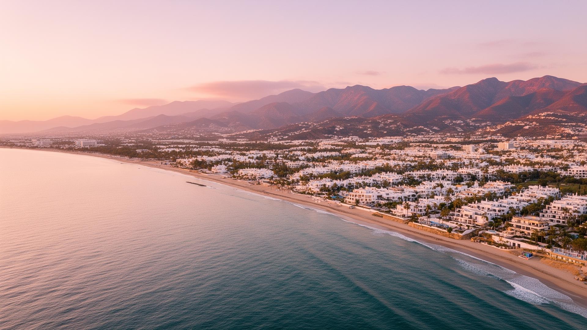 Aerial view of the Costa del Sol coastline at golden hour