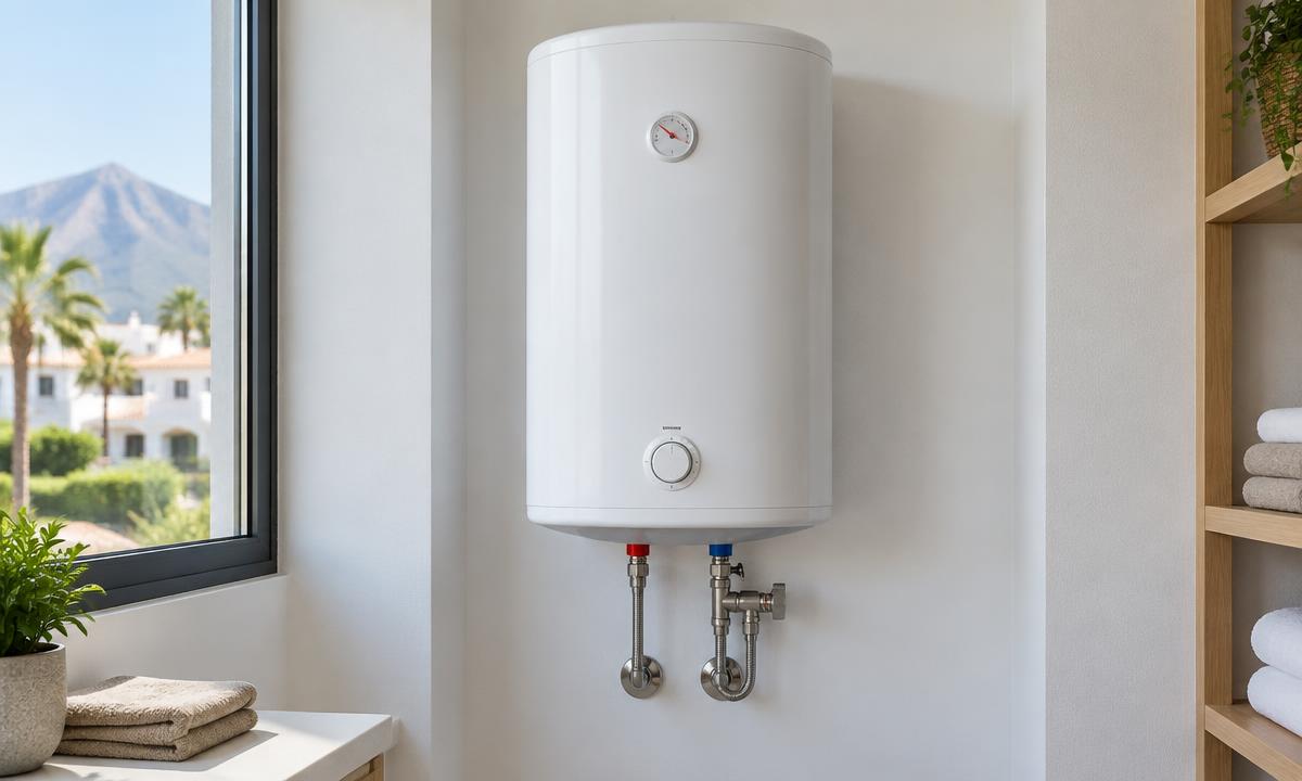 Modern wall-mounted electric water heater in a clean Costa del Sol home