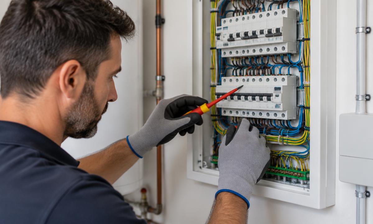 Electrician working safely on a residential fuse board