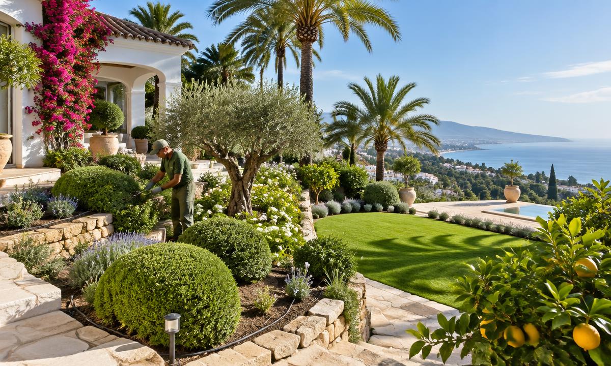 Landscaped Costa del Sol villa garden with palms and Mediterranean plants