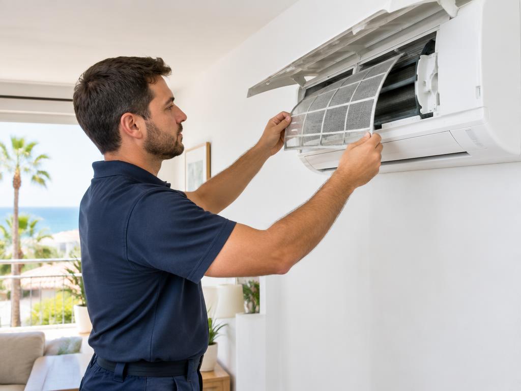 Technician cleaning the filter of a wall-mounted air conditioner