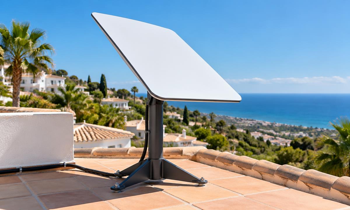 Satellite internet dish installed on a Costa del Sol rooftop terrace